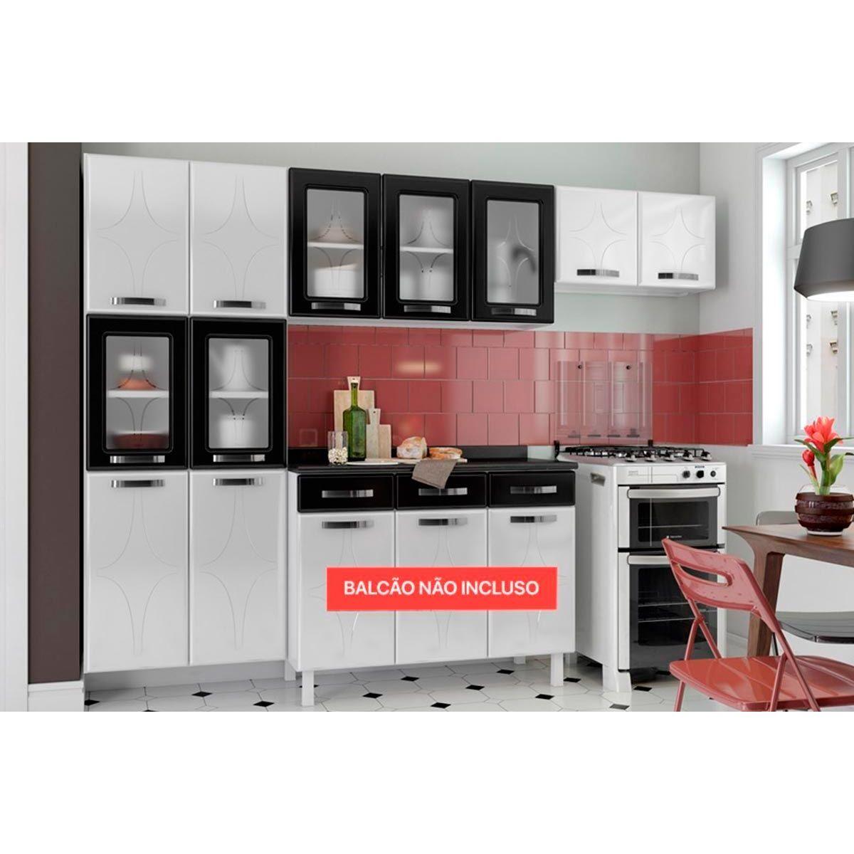 Cozinha Modulada Telasul Rubi De Aco 3 Pecas 2 Armarios 1 Paneleiro Cpt46 Branco Preto