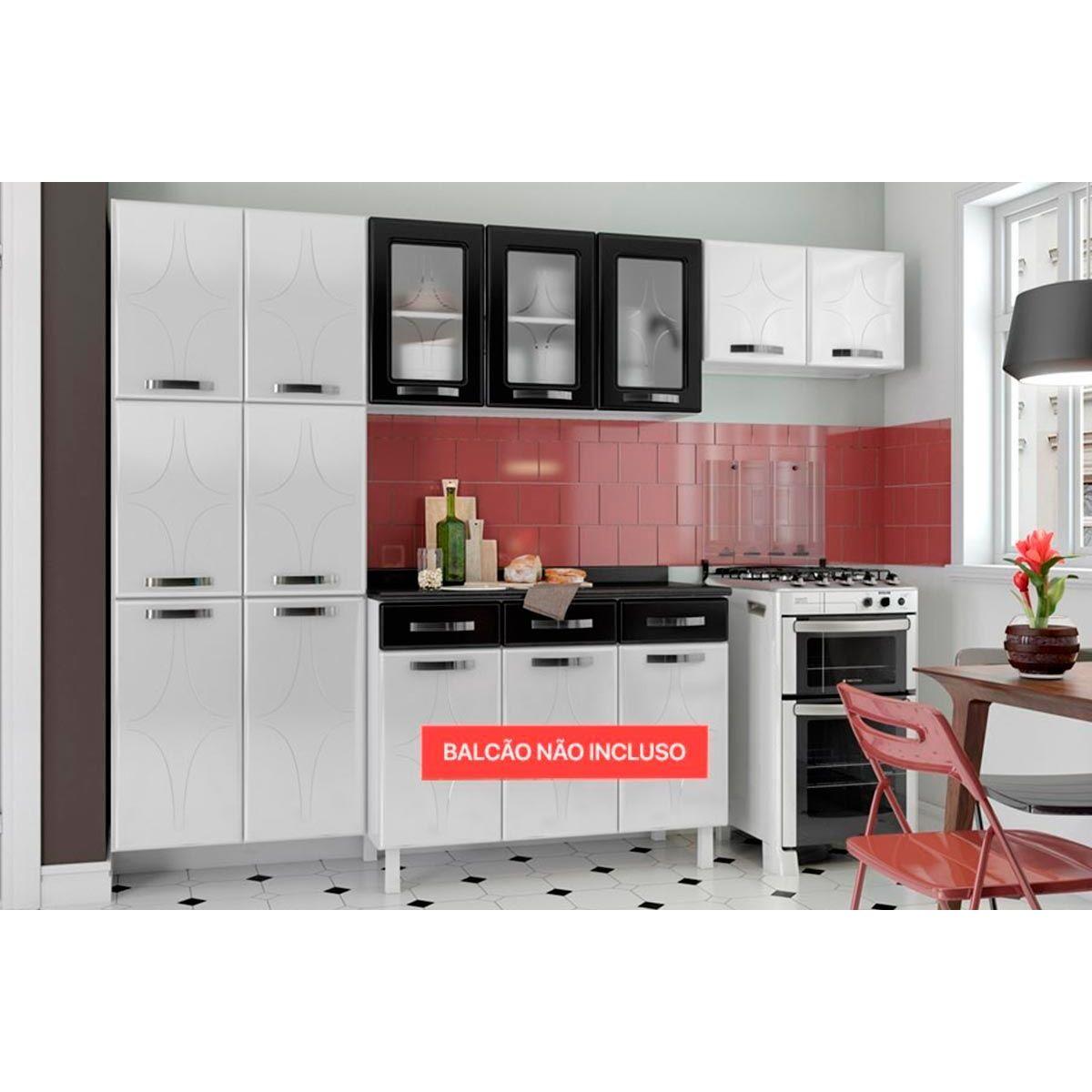 Cozinha Modulada Telasul Rubi De Aco 3 Pecas 2 Armarios 1 Paneleiro Cpt48 Branco Preto