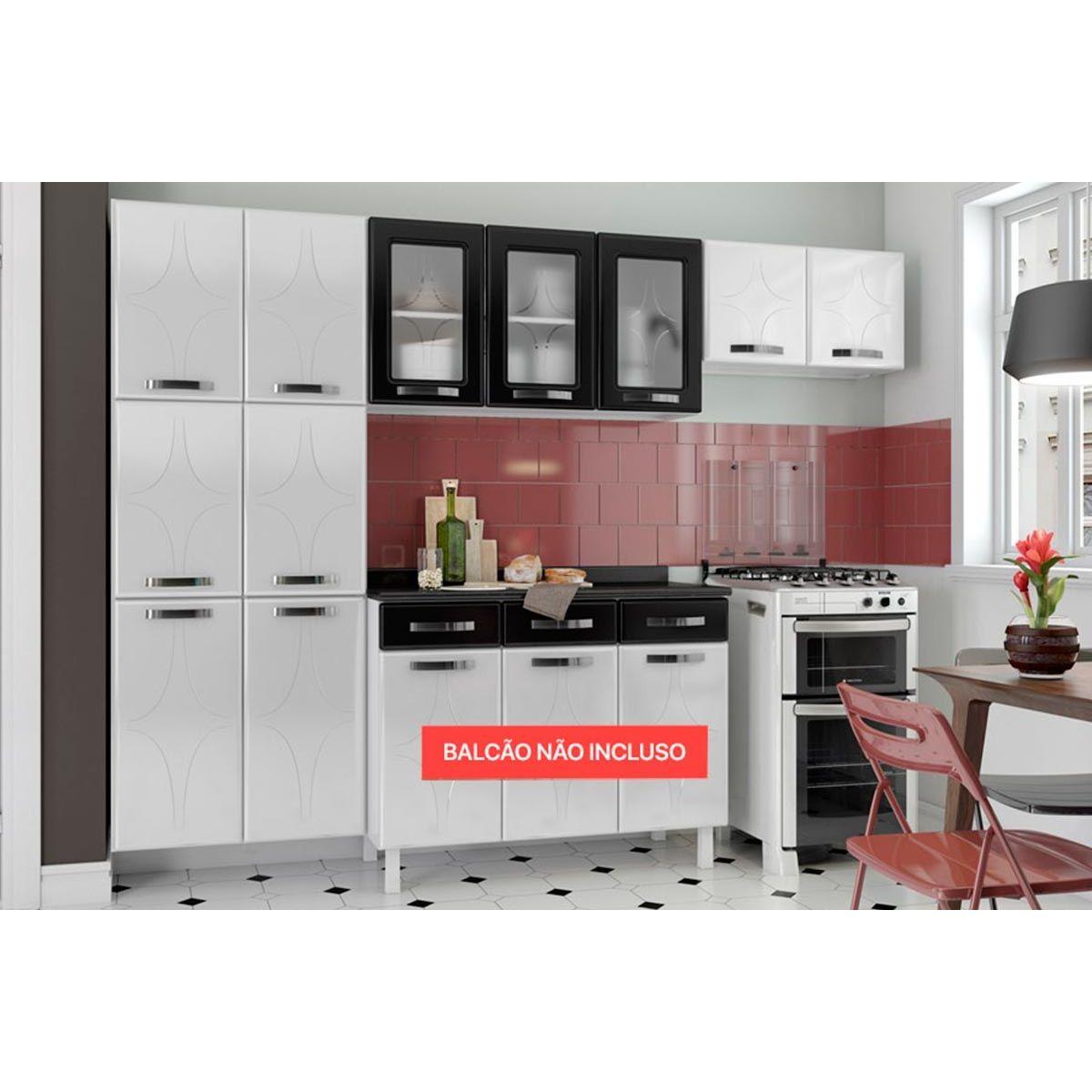 Cozinha Modulada Completa Rubi 3 Pecas 2 Armarios 1 Paneleiro Cpt111 Branco Preto Telasul