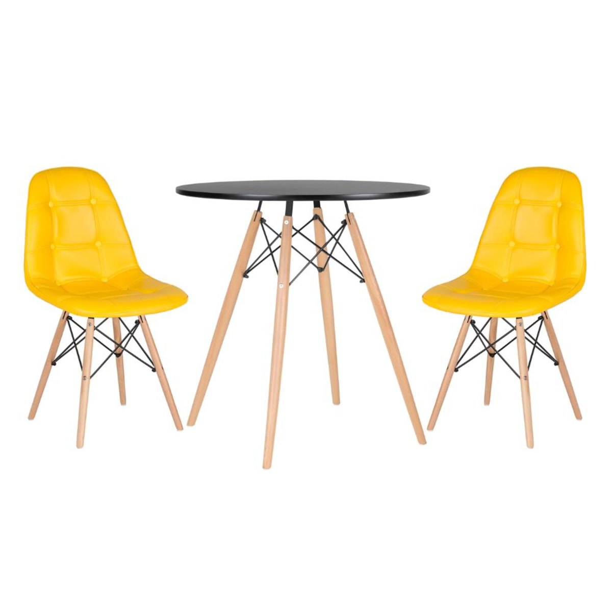 Kit - Mesa Eames 70 cm preto + 2 cadeiras estofadas Botonê amarelo