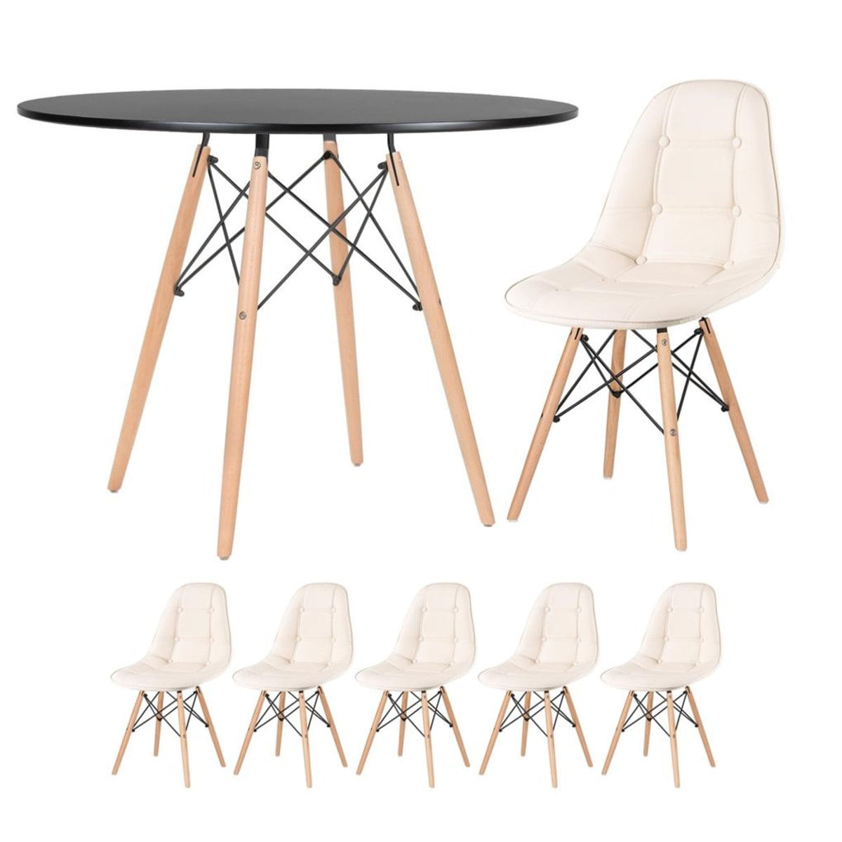 Kit - Mesa Eames 100 cm preto + 5 cadeiras estofadas Eiffel Botonê creme