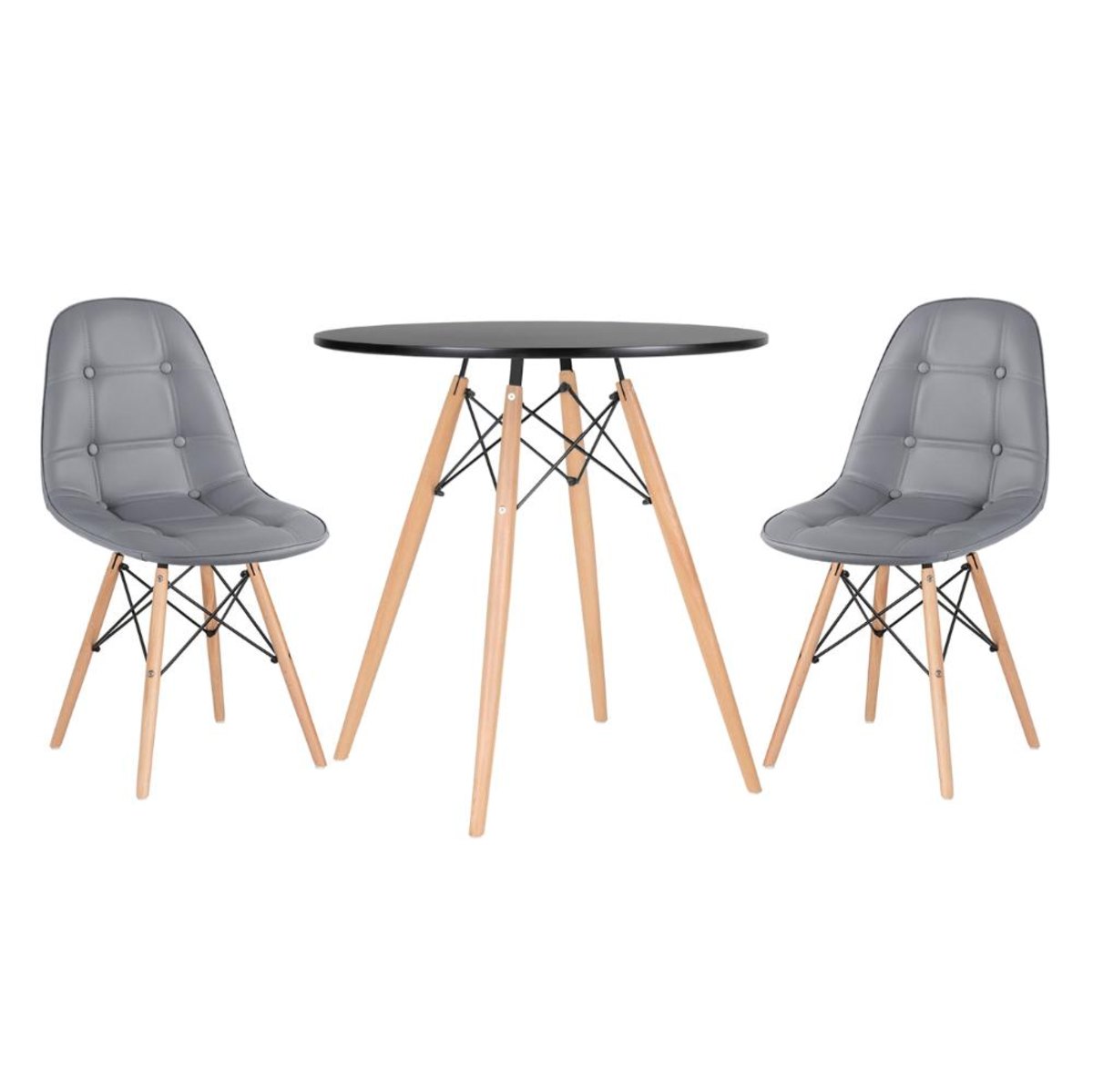 Kit - Mesa Eames 70 cm preto + 2 cadeiras estofadas Botonê cinza escuro