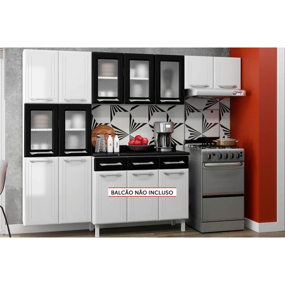 Kit De Cozinha Modulada 3 Pecas Topazio 2 Armarios 1 Paneleiro Cpt124 Branco Preto Telasul