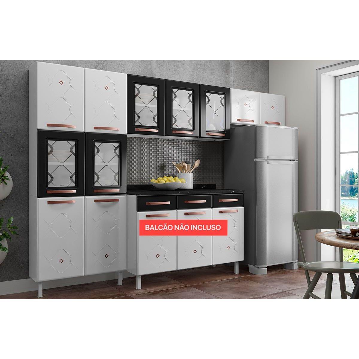 Cozinha Modulada Telasul Mirage New 3 Pecas 2 Armarios 1 Paneleiro Cpt115 Branco Preto