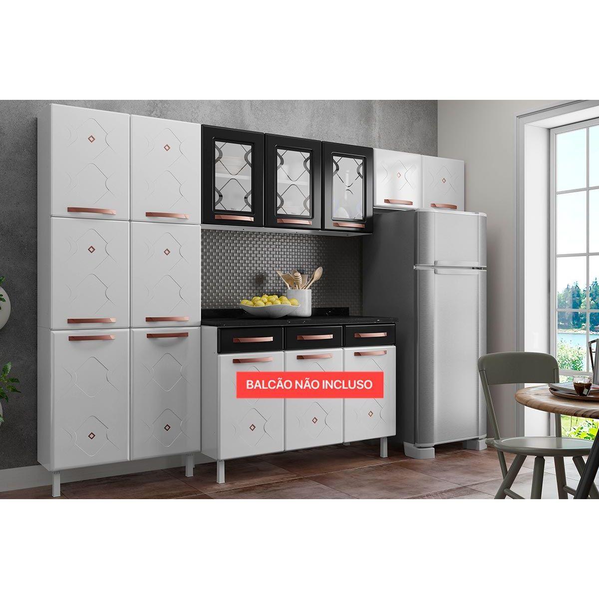 Kit De Cozinha Modulada 3 Pecas Mirage New 2 Armarios 1 Paneleiro Cpt114 Branco Preto Telasul