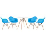 Kit - Mesa Eames 70 cm branco + 4 cadeiras Eiffel DAW com braços azul céu