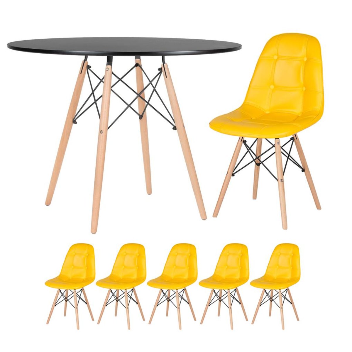 Kit - Mesa Eames 100 cm preto + 5 cadeiras estofadas Eiffel Botonê amarelo