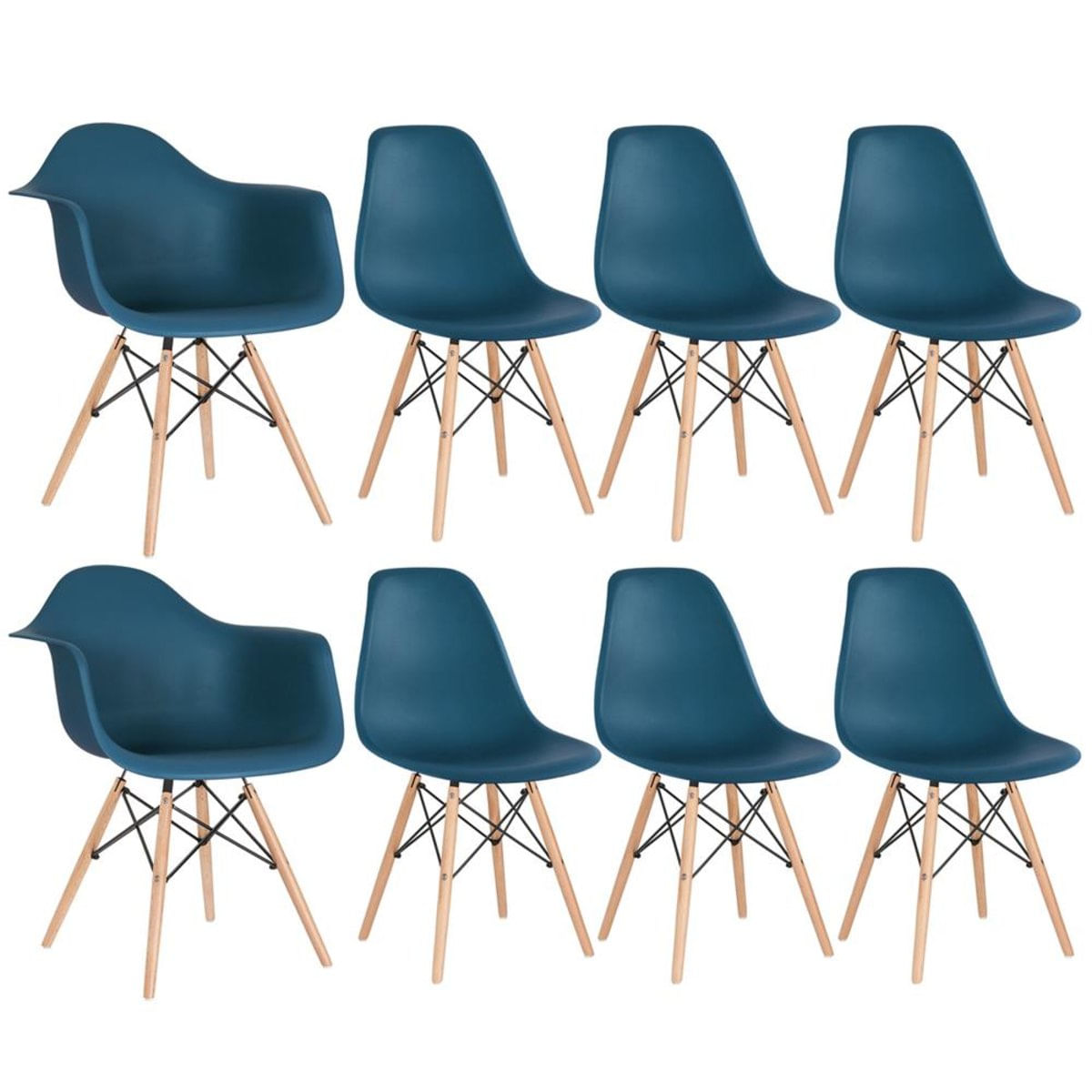 Conjunto 2 x cadeiras Eames DAW com braços + 6 cadeiras Eiffel DSW - Azul petróleo