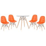 Kit - Mesa de vidro Eames 70 cm + 4 cadeiras estofadas Eiffel Botonê laranja