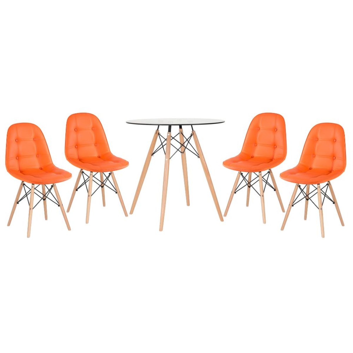 Kit - Mesa de vidro Eames 70 cm + 4 cadeiras estofadas Eiffel Botonê laranja