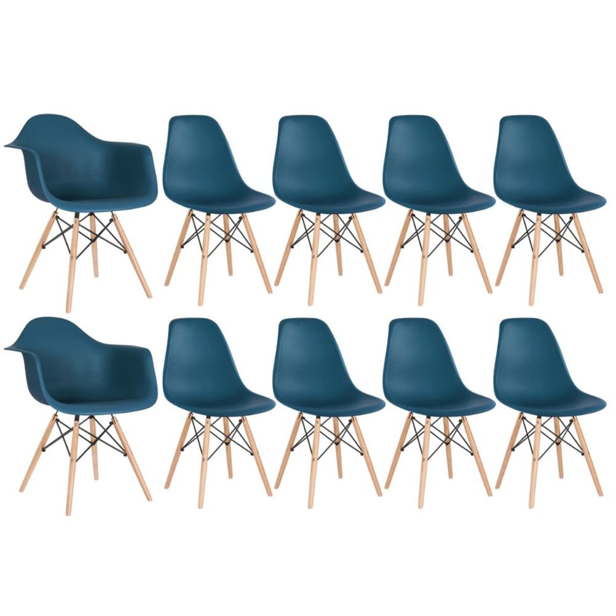 Conjunto 2 x cadeiras Eames DAW com braços + 8 cadeiras Eiffel DSW - Azul petróleo