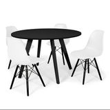 Conjunto Mesa De Jantar Redonda Amanda 120cm Preta Com 4 Cadeiras Eames Eiffel Base Preta - Branco