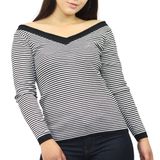 Blusa Feminina Lã Listrada Tricô Tricot Gola V Manga Longa