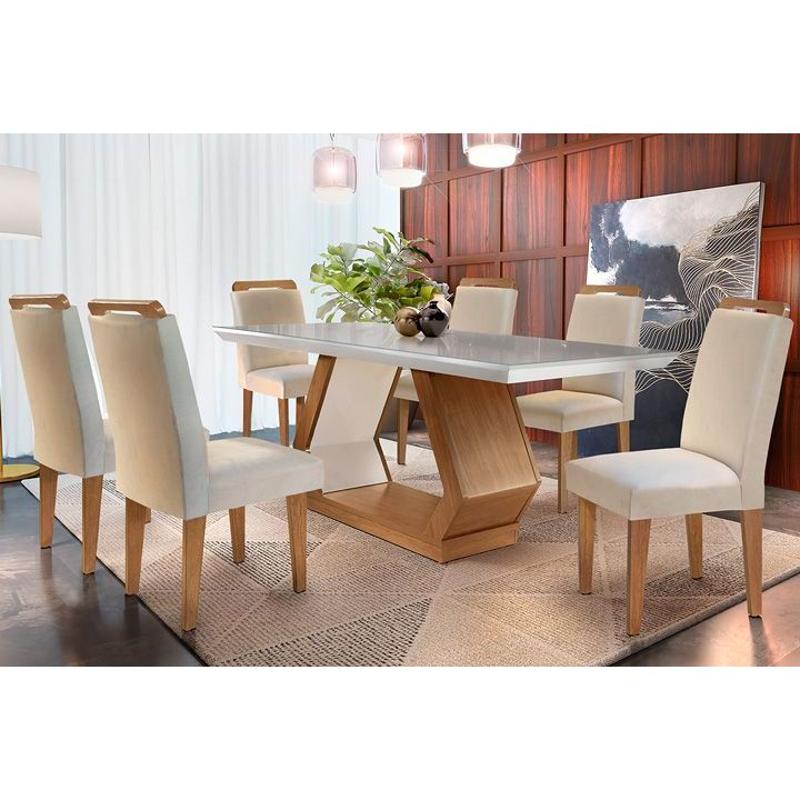 Conjunto Mesa Sala Jantar Alvorada Tampo Madeirado 180cm Canto Reto 6 Cadeiras Athenas Imbuia Creme Rufato