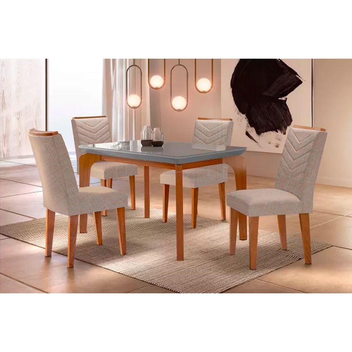 Conjunto Mesa Sala Jantar Londrina Tampo Madeirado C Vidro 120cm 4 Cadeiras Londrina Imbuia Linho Esmeralda Rufato