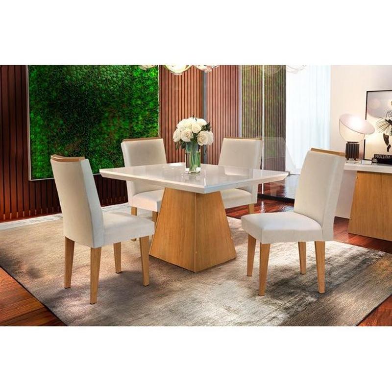 Conjunto Mesa Sala Jantar Luna Tampo Madeirado 120cm Canto Reto 4 Cadeiras Lunara Imbuia Creme Rufato