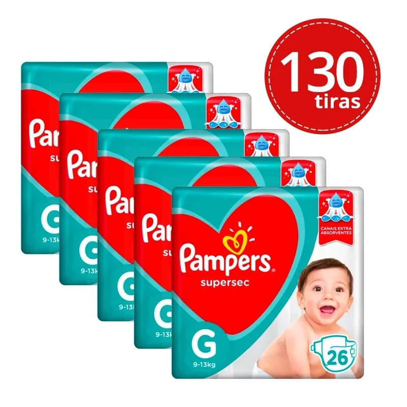 Kit 5 Fralda Descartavel Pampers Supersec Pacotão G - 130 Unidades