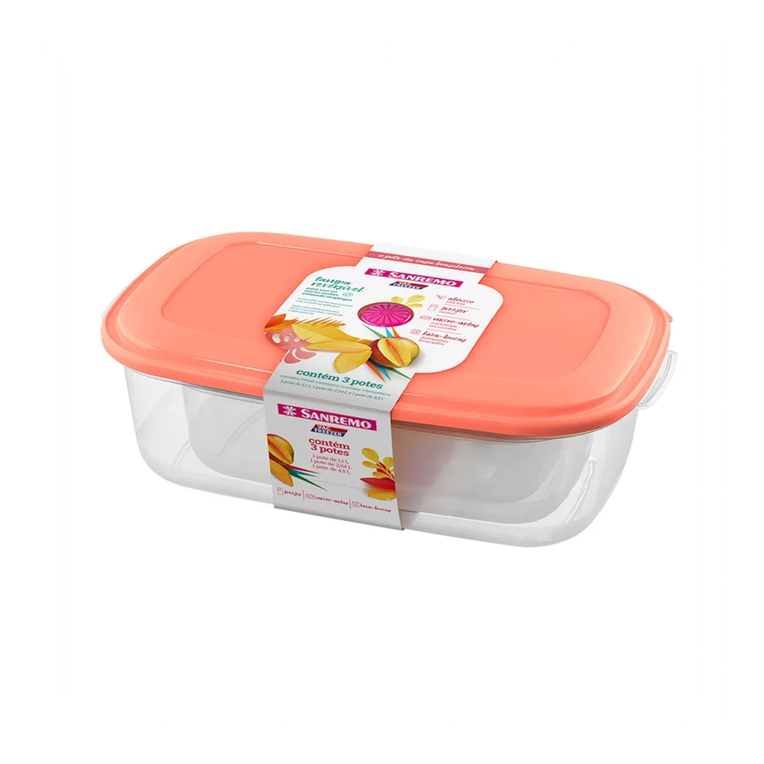 Conjunto De Potes Plásticos Retangulares Altos Vac Freezer Rosa 3pçs - Sanremo Sanremo