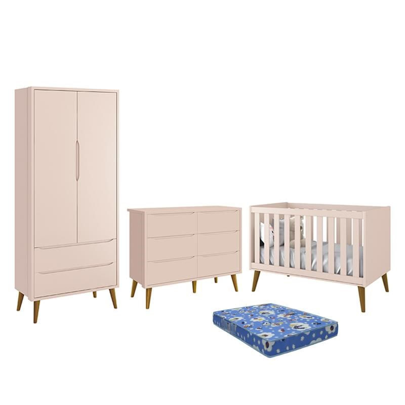 Dormitório Theo 2 Portas, Cômoda 6 Gavetas, Berço Rosa Fosco Com Pés Amadeirado E Colchão - Reller M