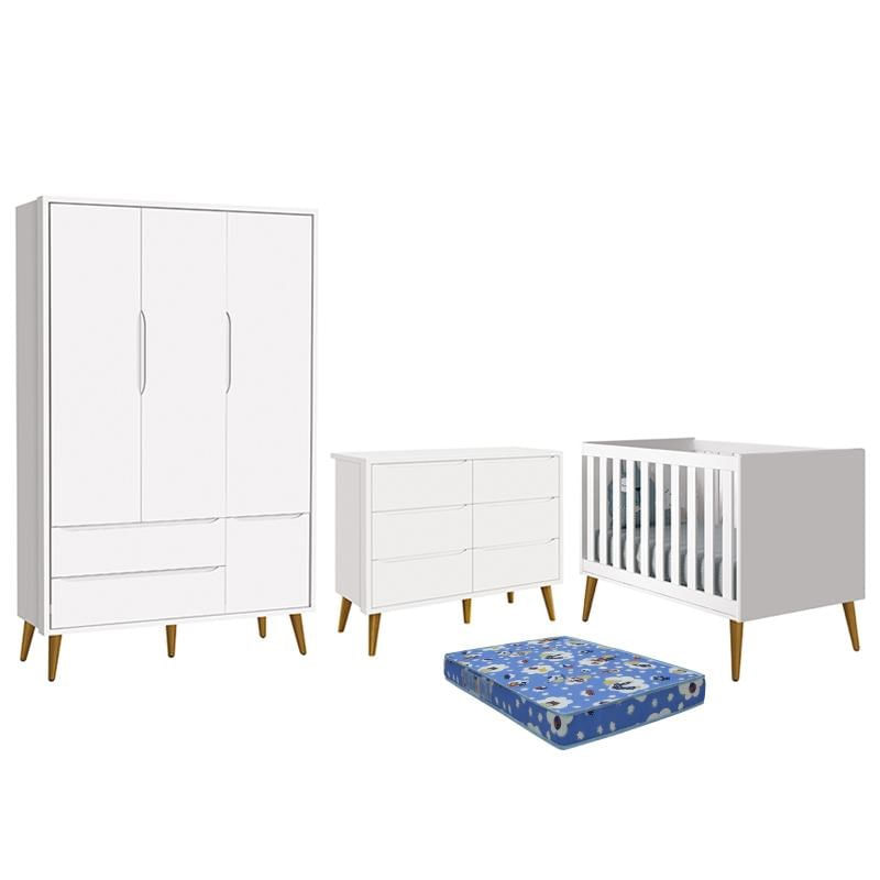 Dormitório Theo 3 Portas, Cômoda 6 Gavetas, Berço Branco Fosco Com Pés Amadeirado E Colchão - Reller