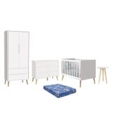 Dormitório Theo 2 Portas, Cômoda 6 Gavetas, Berço, Mesa De Canto Branco Fosco Com Pés Madeira Natura