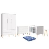 Dormitório Theo 3 Portas, Cômoda 6 Gavetas, Berço, Mesa De Canto Branco Fosco Com Pés Madeira Natura