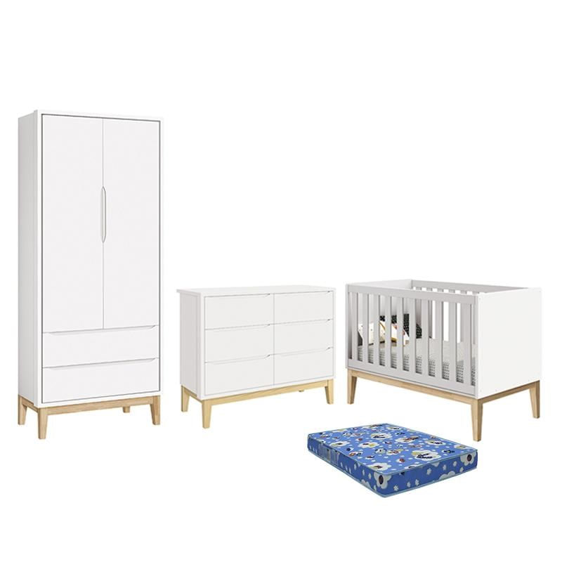 Dormitório Infantil Classic 2 Portas, Cômoda 6 Gavetas, Berço Branco Fosco Com Pés Madeira Natural E