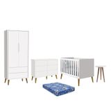 Dormitório Theo 2 Portas, Cômoda 6 Gavetas, Berço, Mesa De Canto Branco Fosco Com Pés Amadeirado E C