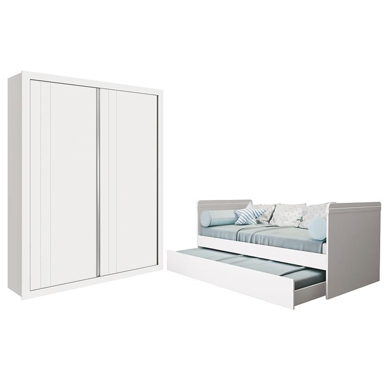 Jogo De Quarto Guarda Roupa Prince E Bicama Nuth Branco Fosco Com 2 Colchões Physical - Reller Móveis