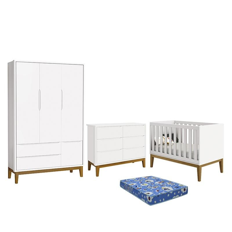 Dormitório Infantil Classic 3 Portas, Cômoda 6 Gavetas, Berço Branco Fosco Com Pés Amadeirado E Colc