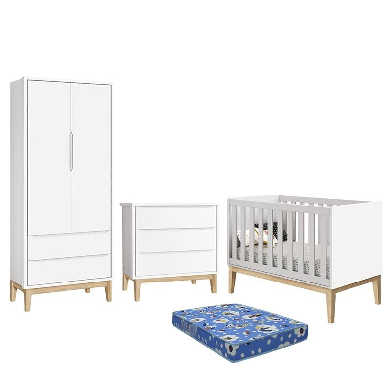 Dormitório Infantil Classic 2 Portas, Cômoda 3 Gavetas, Berço Branco Fosco Com Pés Madeira Natural E