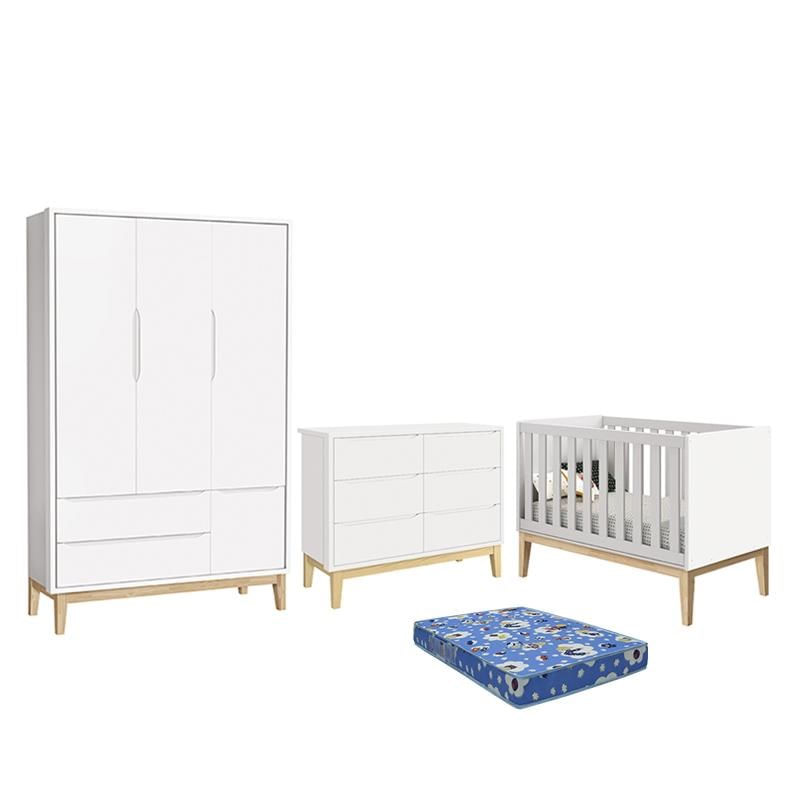 Dormitório Infantil Classic 3 Portas, Cômoda 6 Gavetas, Berço Branco Fosco Com Pés Madeira Natural E Colchão - Reller Móveis