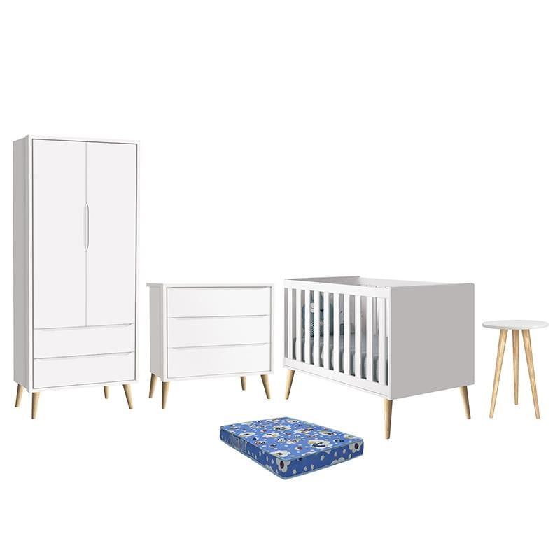 Dormitório Theo Retrô 2 Portas, Cômoda, Berço, Mesa De Apoio Branco Fosco Com Pés Madeira Natural E Colchão - Reller Móveis