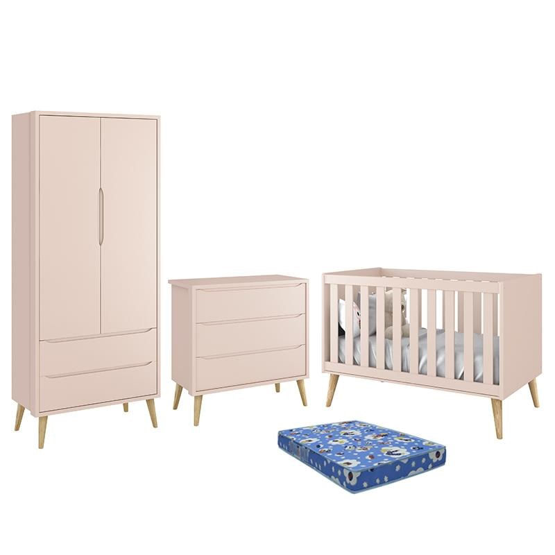 Dormitório Infantil Theo Retrô 2 Portas, Cômoda, Berço Rosa Fosco Com Pés Madeira Natural E Colchão - Reller Móveis