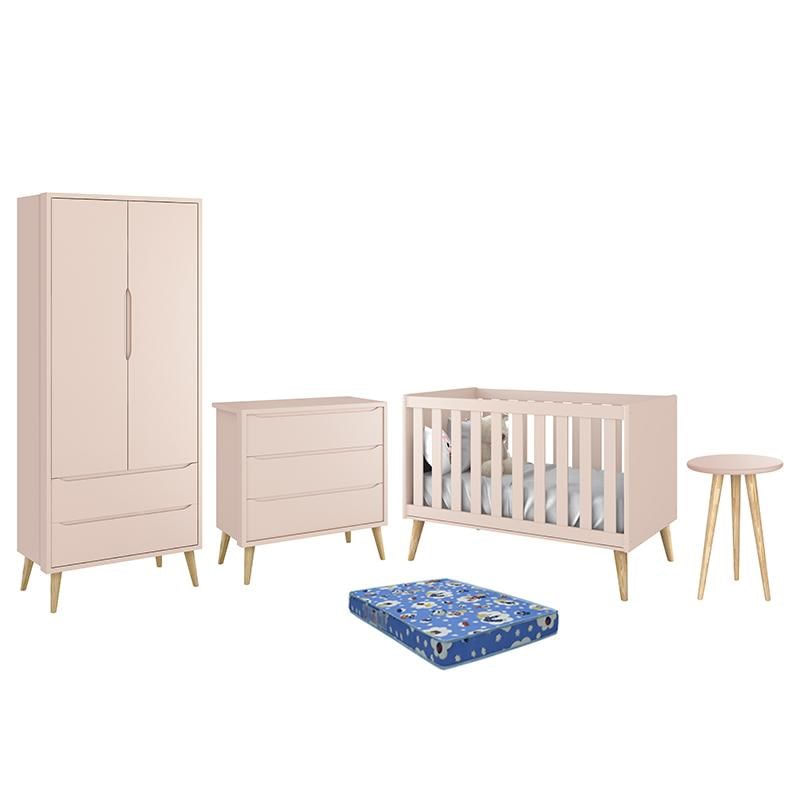 Dormitório Theo Retrô 2 Portas, Cômoda, Berço, Mesa De Apoio Rosa Fosco Com Pés Madeira Natural E Colchão - Reller Móveis