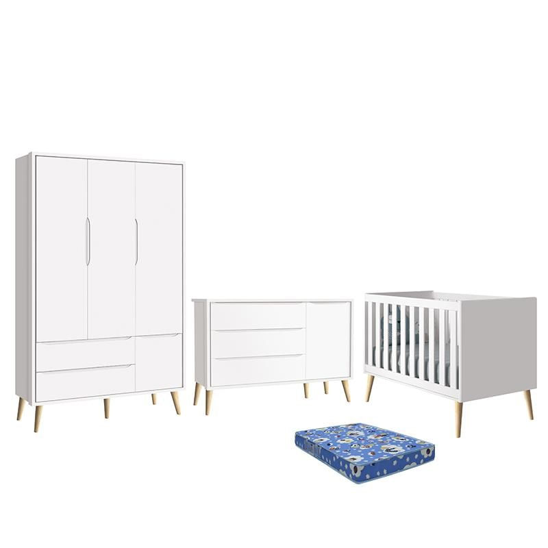 Dormitório Infantil Theo Retrô 3 Portas, Cômoda 1 Porta, Berço Branco Fosco Com Pés Madeira Natural