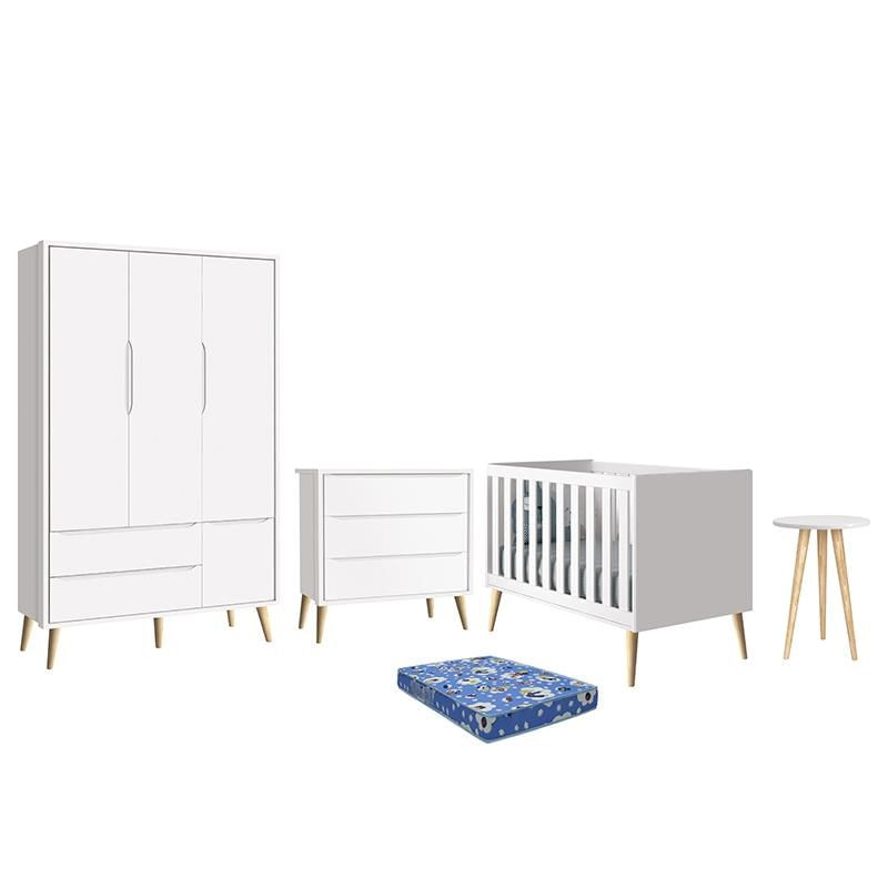 Dormitório Infantil Theo Retrô 3 Portas, Cômoda, Berço, Mesa De Apoio Branco Fosco Com Pés Madeira N