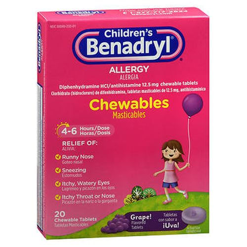 Comprimidos Mastigáveis Para Alergia Infantil Benadryl Com Sabor De Uva 20 Comprimidos Da Benadryl (pacote Com 6)