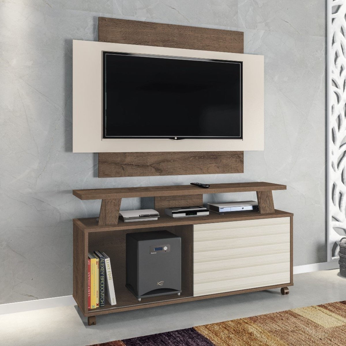 Rack com Painel para TV até 50 Polegadas 1 Porta Flex Rivera Atualle Mocassino3D Natura Off White