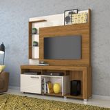 Home Theater Rack Com Painel Ícaro 1 Porta 4 Prateleiras Sala De Estar Marrom Madeira E Off White