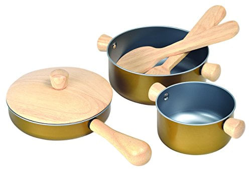 Plantoys Madeira E Metal Cozinhando Utensílios, Potes, &amp; Pans Kitchen Playset (3413) | Feito De Madeira De Borracha E Tintas E Corantes Nã