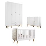 Quarto De Bebê Retrô Guarda Roupa 4 Portas Cômoda 4 Gavetas Com Porta Cris Berço Mini Cama Com Capitonê Lorena Branco Fosco Com Bétula Carolina Baby