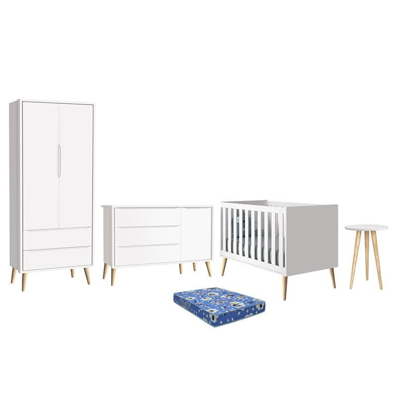 Dormitório Theo Retrô 2 Portas, Cômoda 1 Porta, Berço, Mesa De Apoio Branco Fosco Com Pés Madeira Na