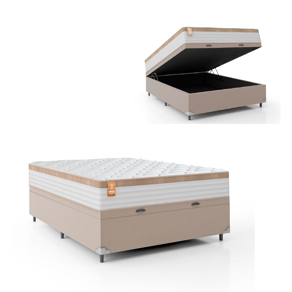 Cama Box Baú Casal Colchão Molas Ensacadas Real 138x188x68cm Branco / Bege - Suporta Até 130kg Por Pessoa