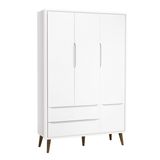 Guarda-roupa Retro Theo 3 portas Com Pé em Madeira - Branco Fosco