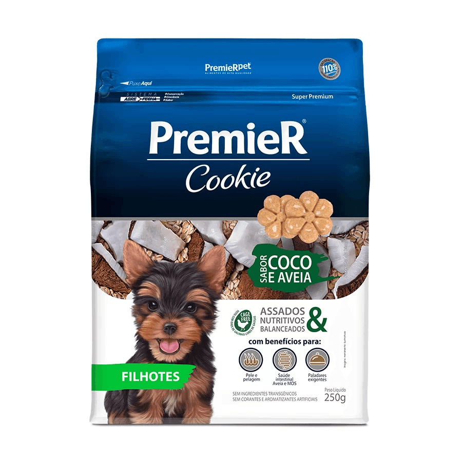 Biscoito Premier Cookie Para Cães Filhotes De Pequeno Porte Sabor Coco E Aveia 250g