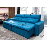 Sofá Retrátil/Reclinável Amsterdam 2,70m Suede Veludo Azul c/ Molas no Assento - King Kong