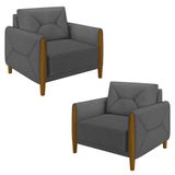 Kit 2 Poltronas Decorativas Para Sala 95cm Pés Madeira Quebec M22 Linho Cinza Escuro - Mpozenato
