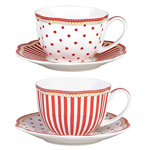 Grace Teaware Red Dot Stripes Vieira 9 Onças Porcelana Chá/xícara De Café E Pires, Conjunto De 2