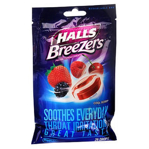 Halls Fruit Breezers Throat Drops Cool Berry 25 Cada Por Halls (pacote Com 6)